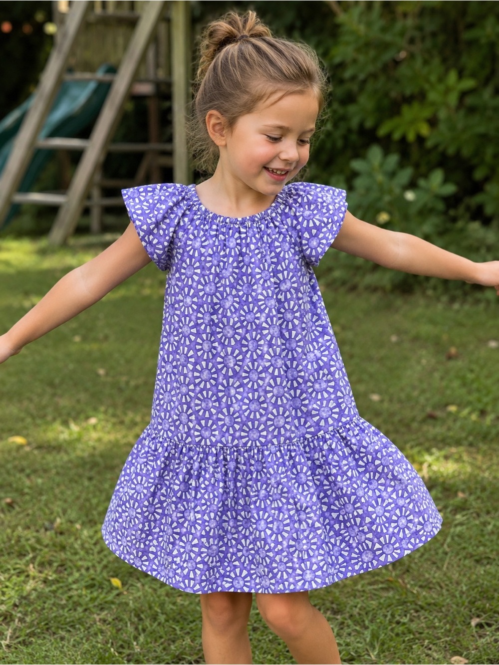 Primary Lavender Floral Ruffle-Hem Dress for Girls